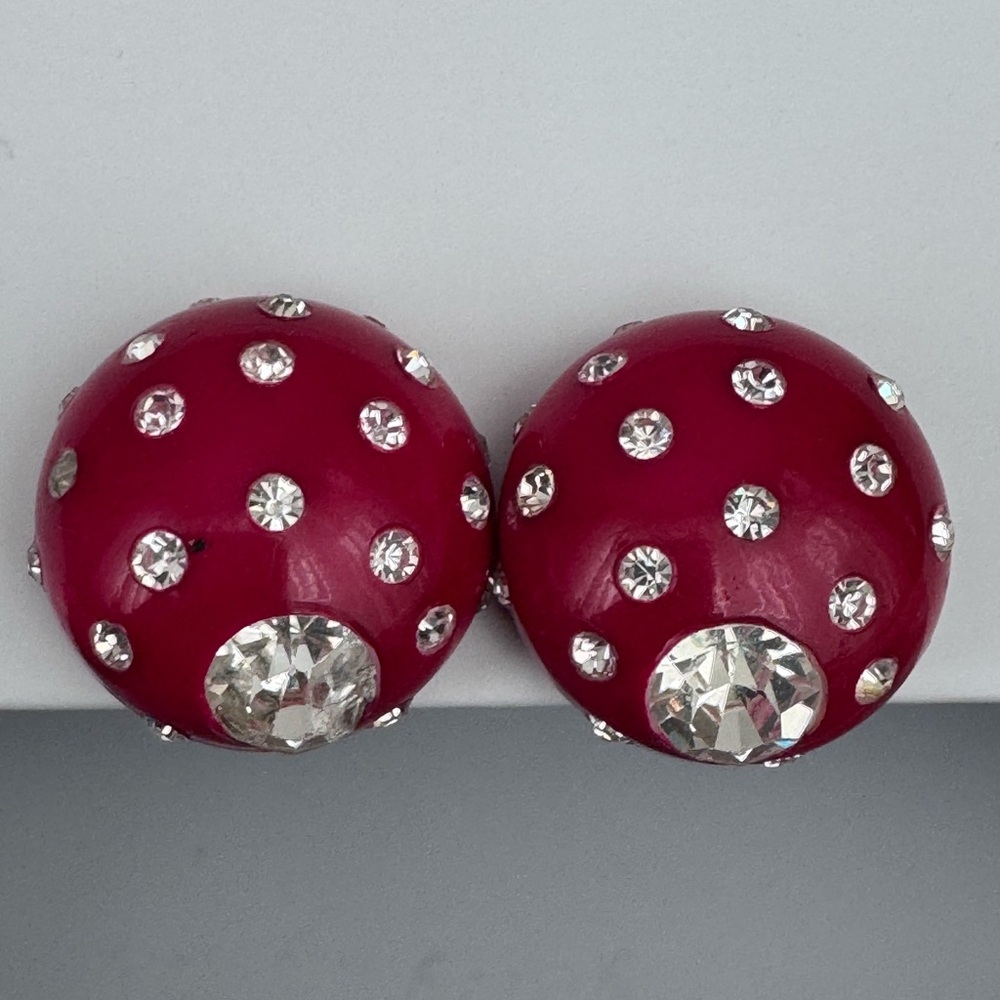 Vintage Earrings Button Red Lucite Clear Rhinestone  Polka Dots  Clip On